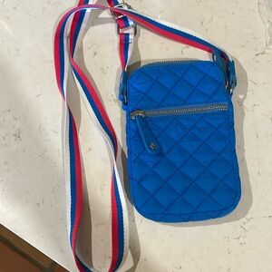 Blue Quilted Crossbody Phone Bag with Striped Strap